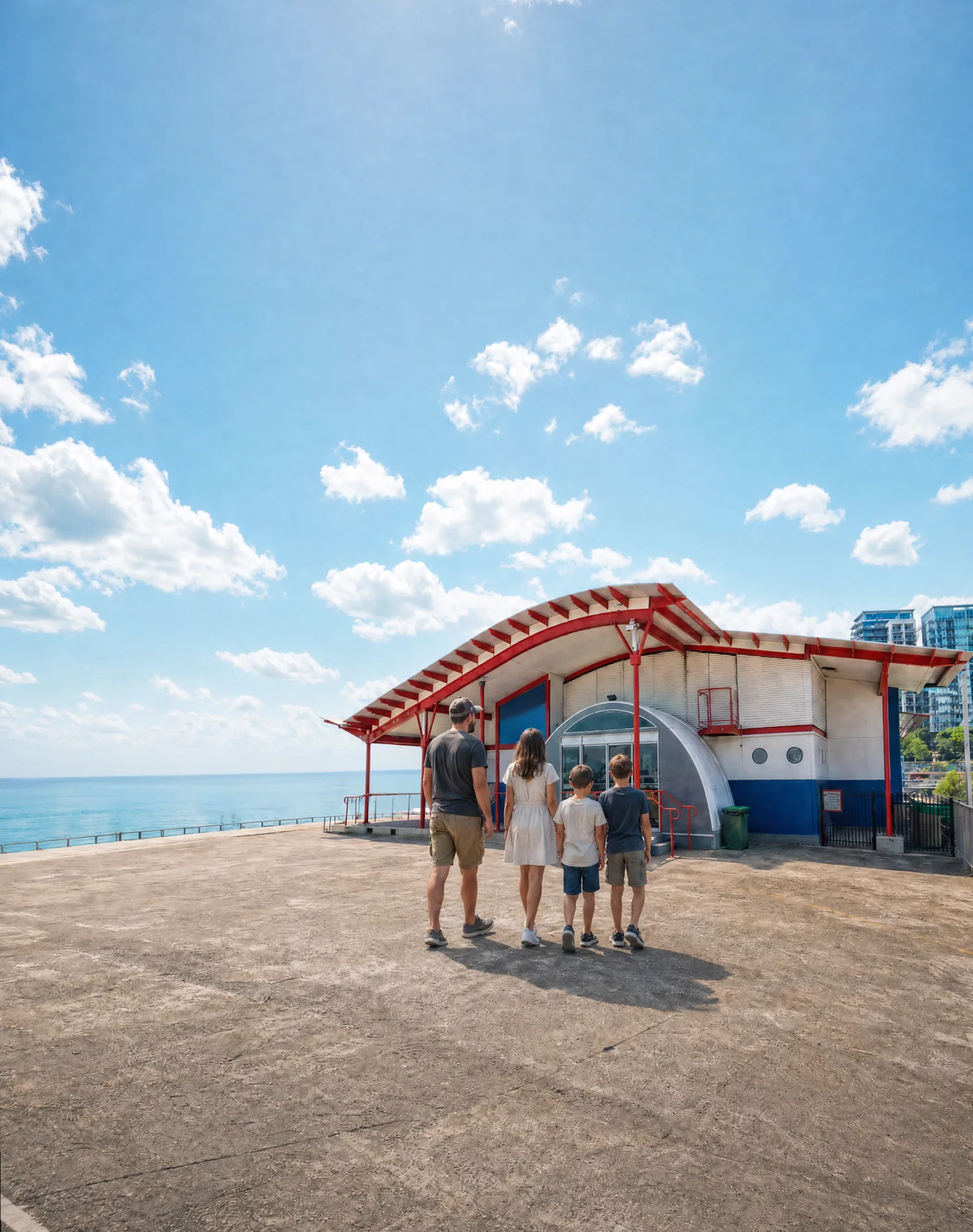 A family walks toward the visitor pavilion on Stokes Hill Wharf today
