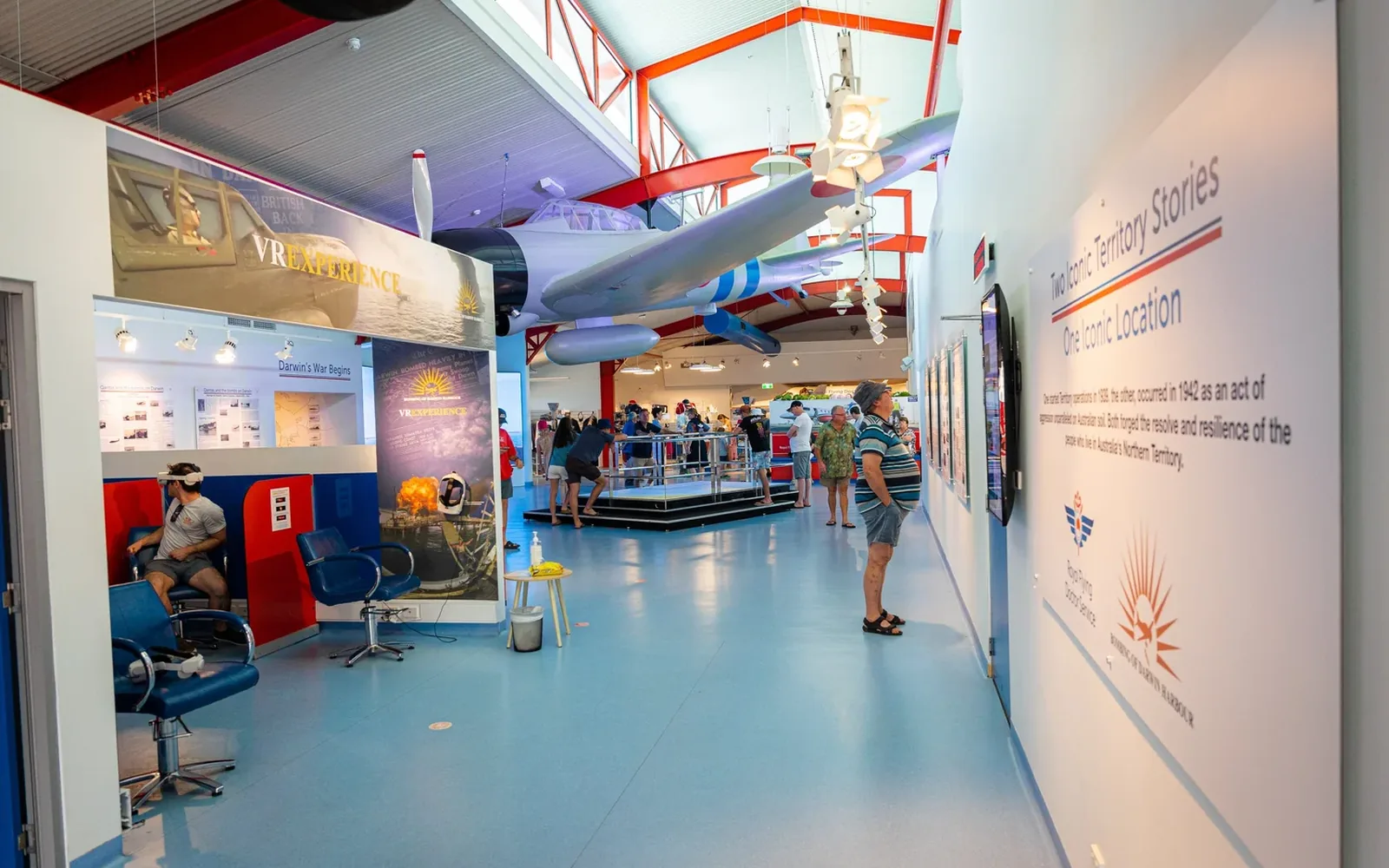 Inside the facility — a suspended aircraft above the exhibition floor at Stokes Hill Wharf